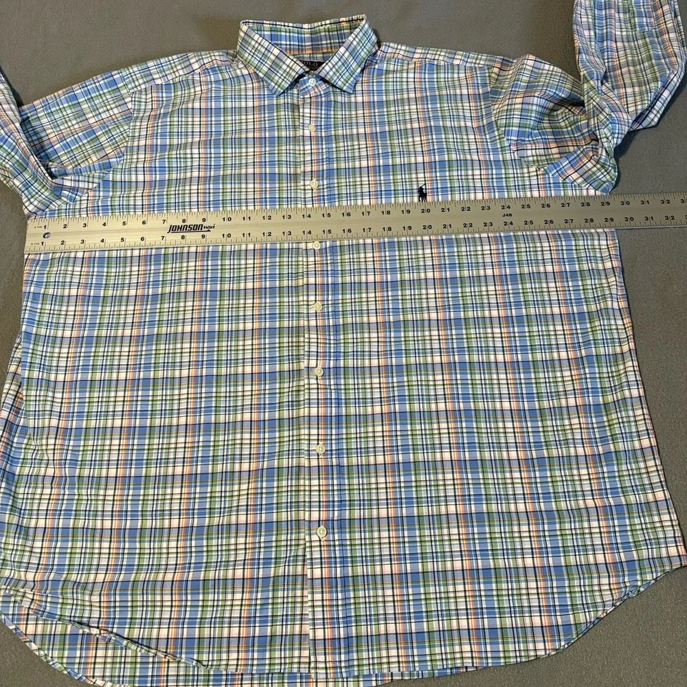 Polo Ralph Lauren Dress Shirt Mens 2XB Blue Green Plaid Button Up Stretch Pony